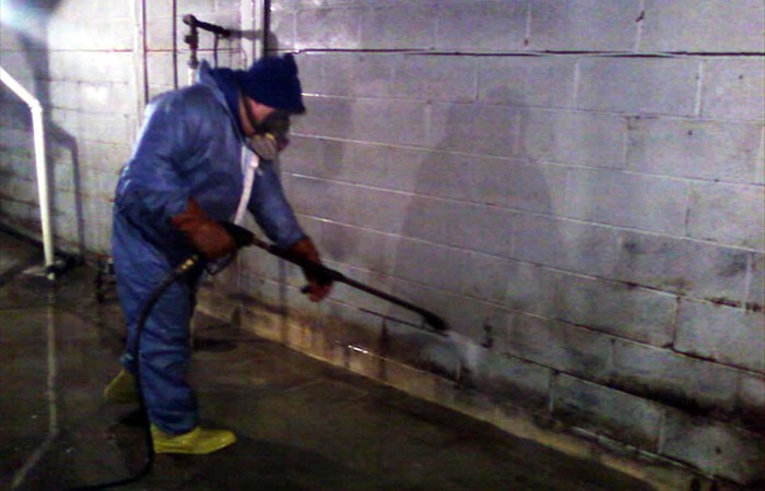 Worker performing industrial mold remediation